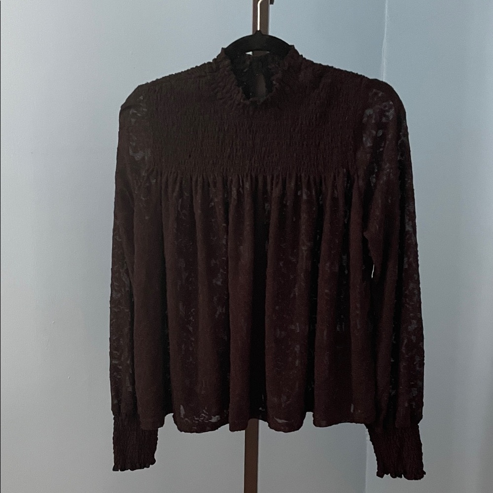 Anthropologie Deletta Smocked Sheer Lace Mock Neck Top in Black